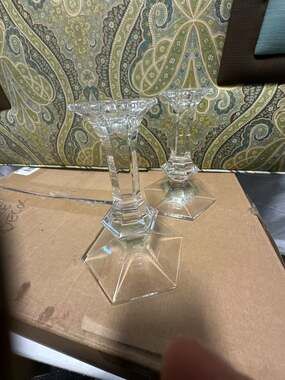 Pair of Val St Lambert Elysee Pattern Belgium Crystal Cut Glass Candlesticks